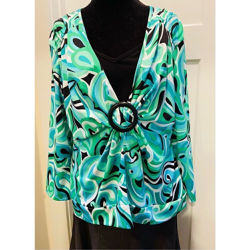 Notations Women's Layered Look Stretch Blouse, 3/4 Sleeves, Black Ring GUC